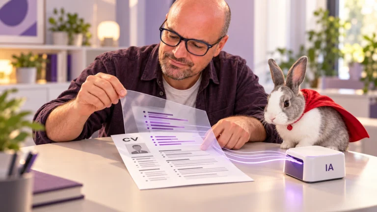 Louis et son lapin à cape rouge examinent un CV et une couche révélant du contenu caché lu par une IA.